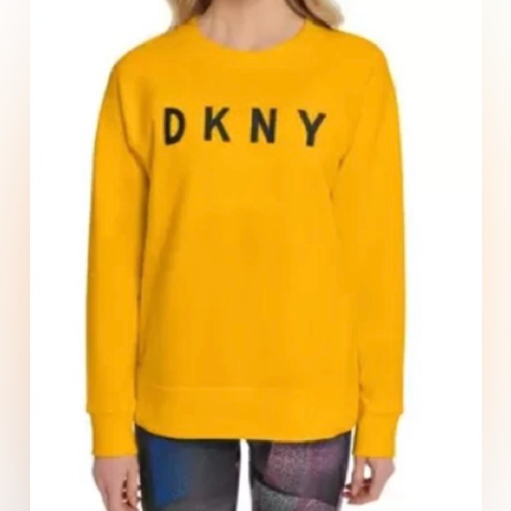 DKNY SPORT Fleece Yellow Crewneck Logo W/Black Print DKNY Athleisure Sweatshirt